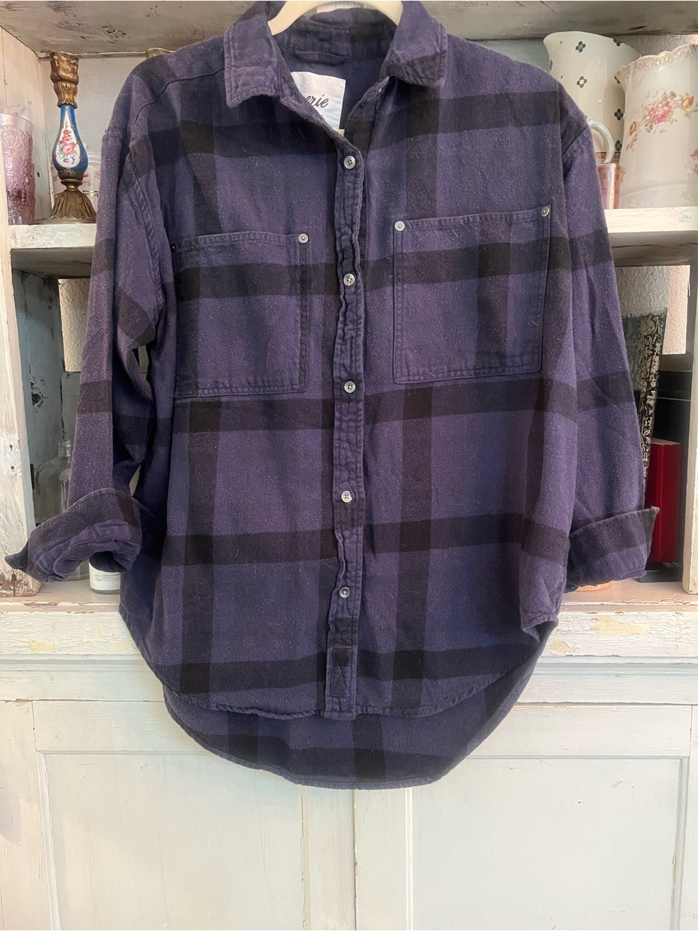 Aerie Navy Black Plaid Flannel Button Down Shirt XS
